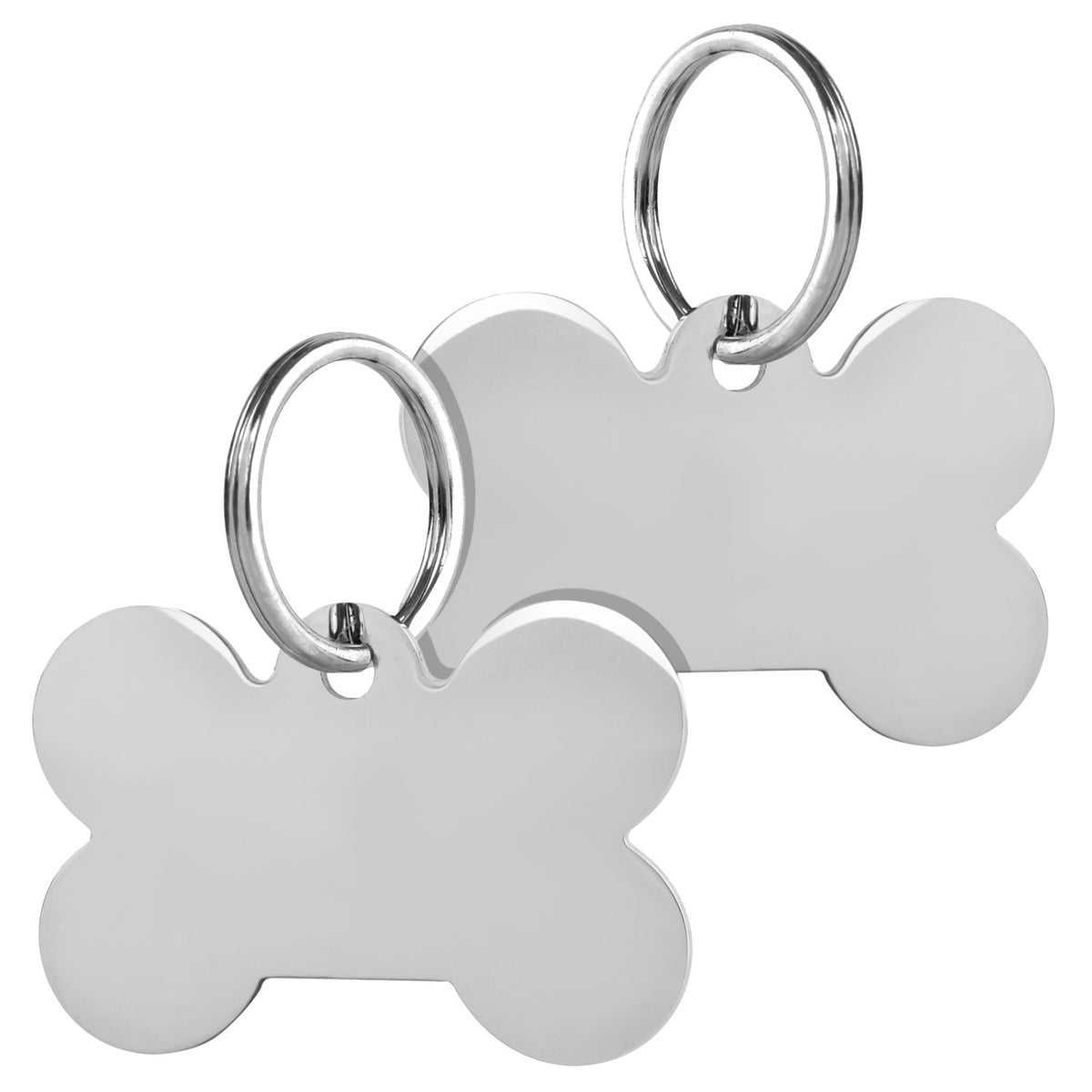 Close-up of two Bone Pet ID Tags showing polished stainless steel finish, split rings, and blank engraving surfaces on white background
