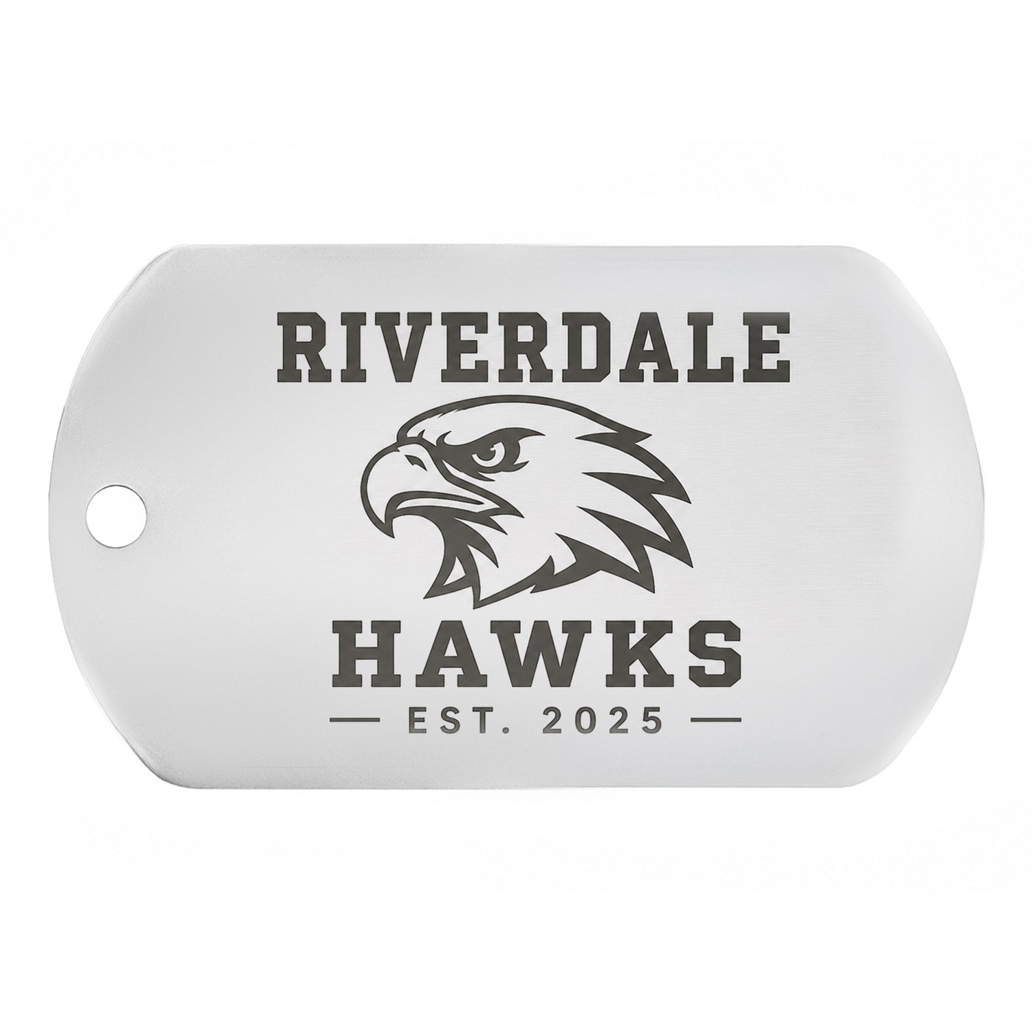 Front view of a custom engraved pet ID tag showcasing a Riverdale Hawks eagle logo with a white background