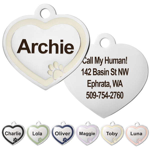 Heart Dog ID Tag with Enamel Paw