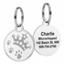 Front and back of Swarovski crystal embossed pet ID tag showing crystal-studded crown, paw cutouts, and engraved name Charlie