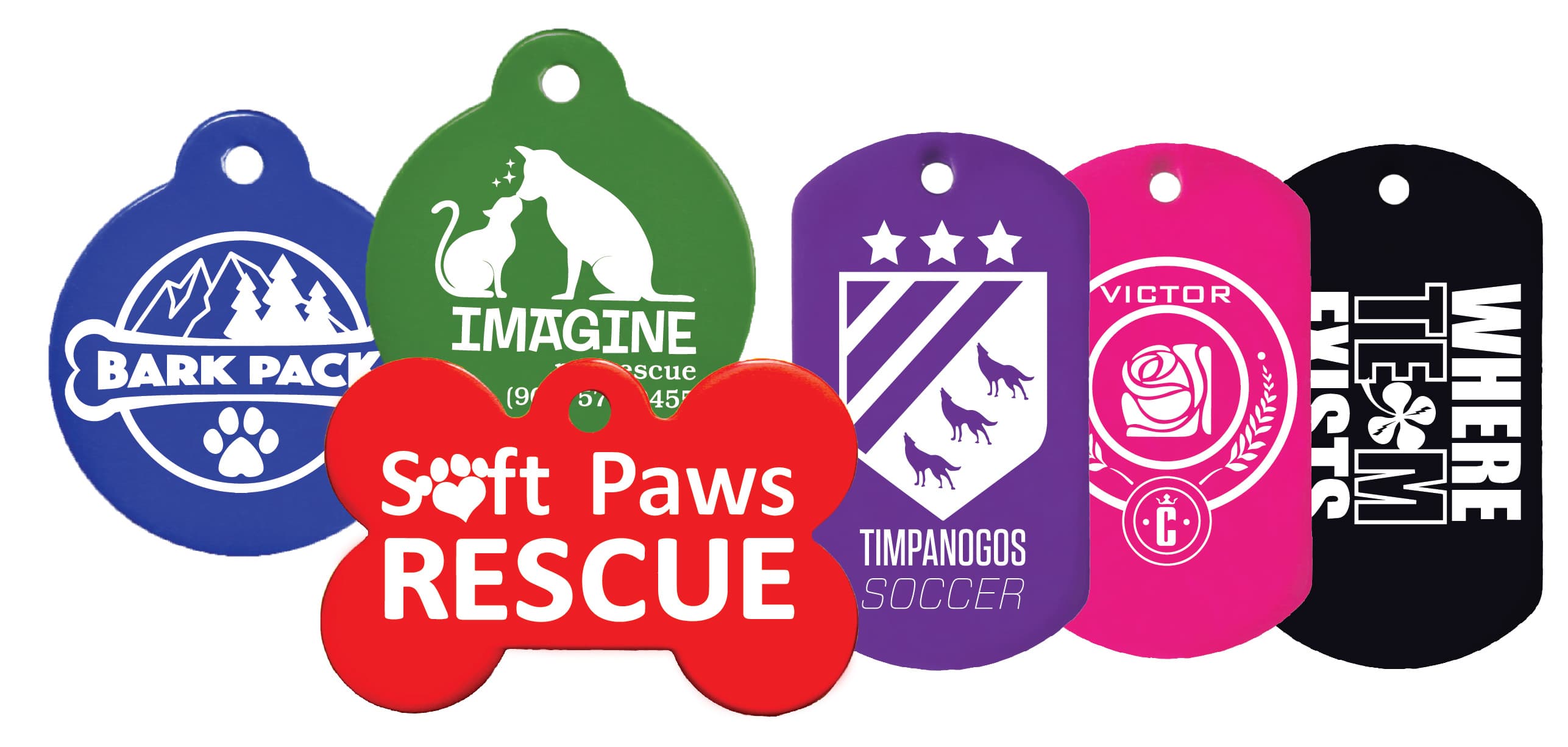 Front view of custom logo dog tags in bright colors showing bone, round, and rectangular shapes with white sample logos