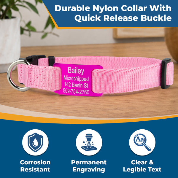 Personalized Dog Collar with Quick Release Buckle, Aluminum Nameplate