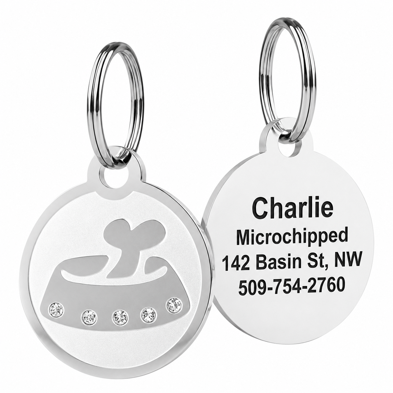 Front and back of 1 in Swarovski crystal pet ID tags showing crystal-studded front and engraved back on white background