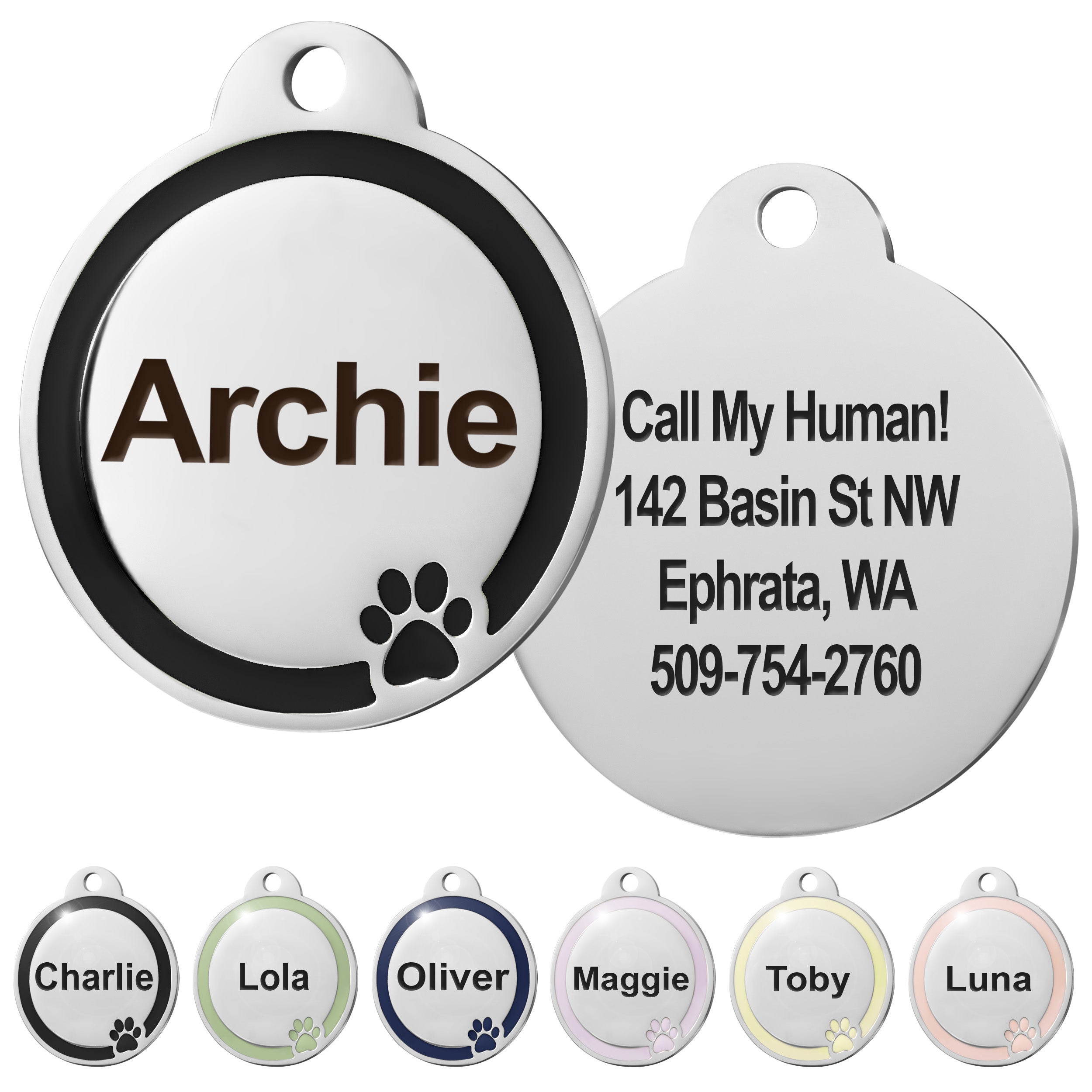 Round Dog ID Tag with Enamel Paw