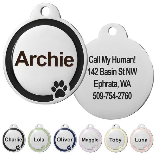 Round Dog ID Tag with Enamel Paw