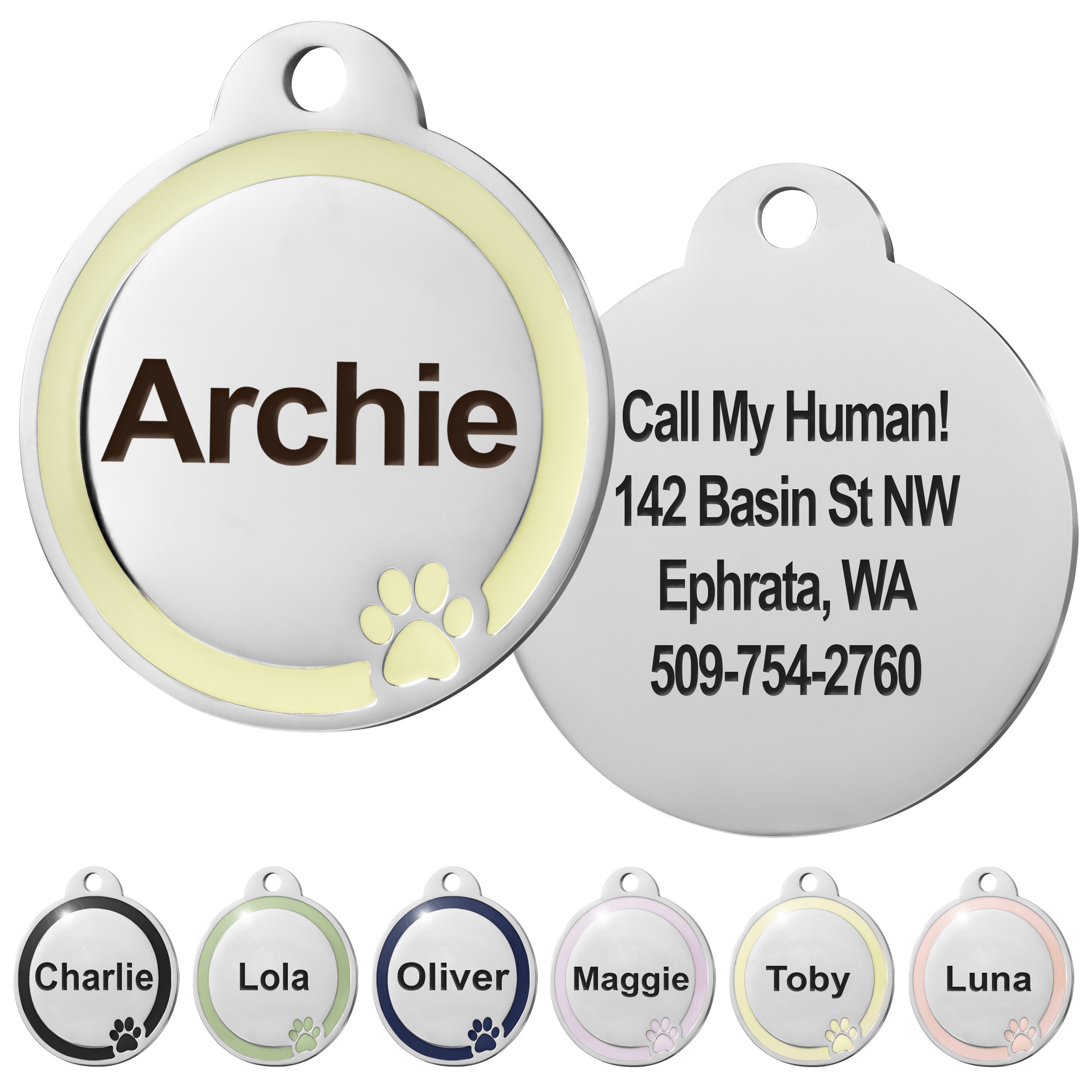 Round Dog ID Tag with Enamel Paw