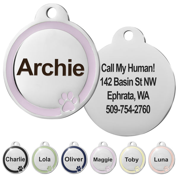Round Dog ID Tag with Enamel Paw
