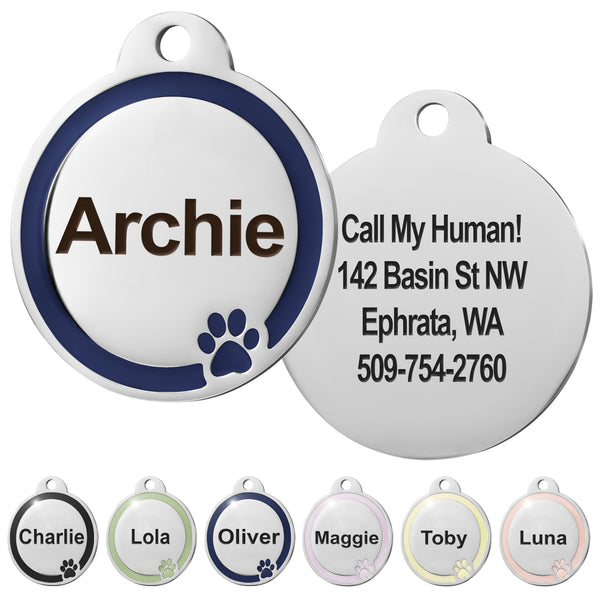 Round Dog ID Tag with Enamel Paw