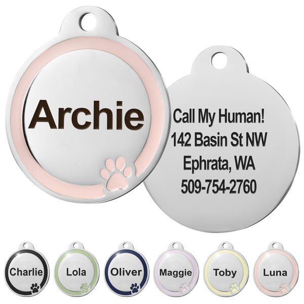 Round Dog ID Tag with Enamel Paw