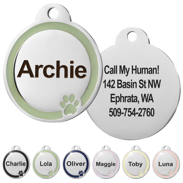 Round Dog ID Tag with Enamel Paw
