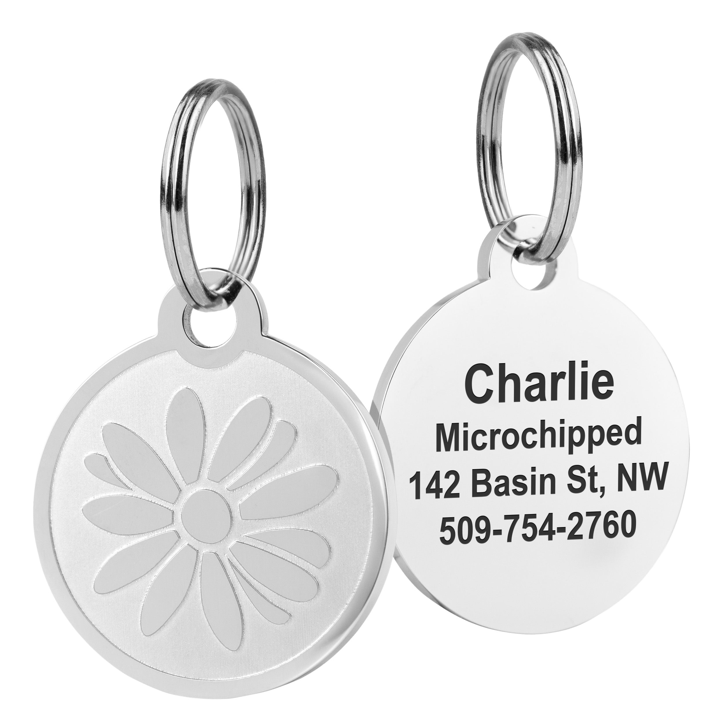 Close-up of Embossed Pet ID Tag showing stainless steel split ring, polished embossed front and engraved back on white background
