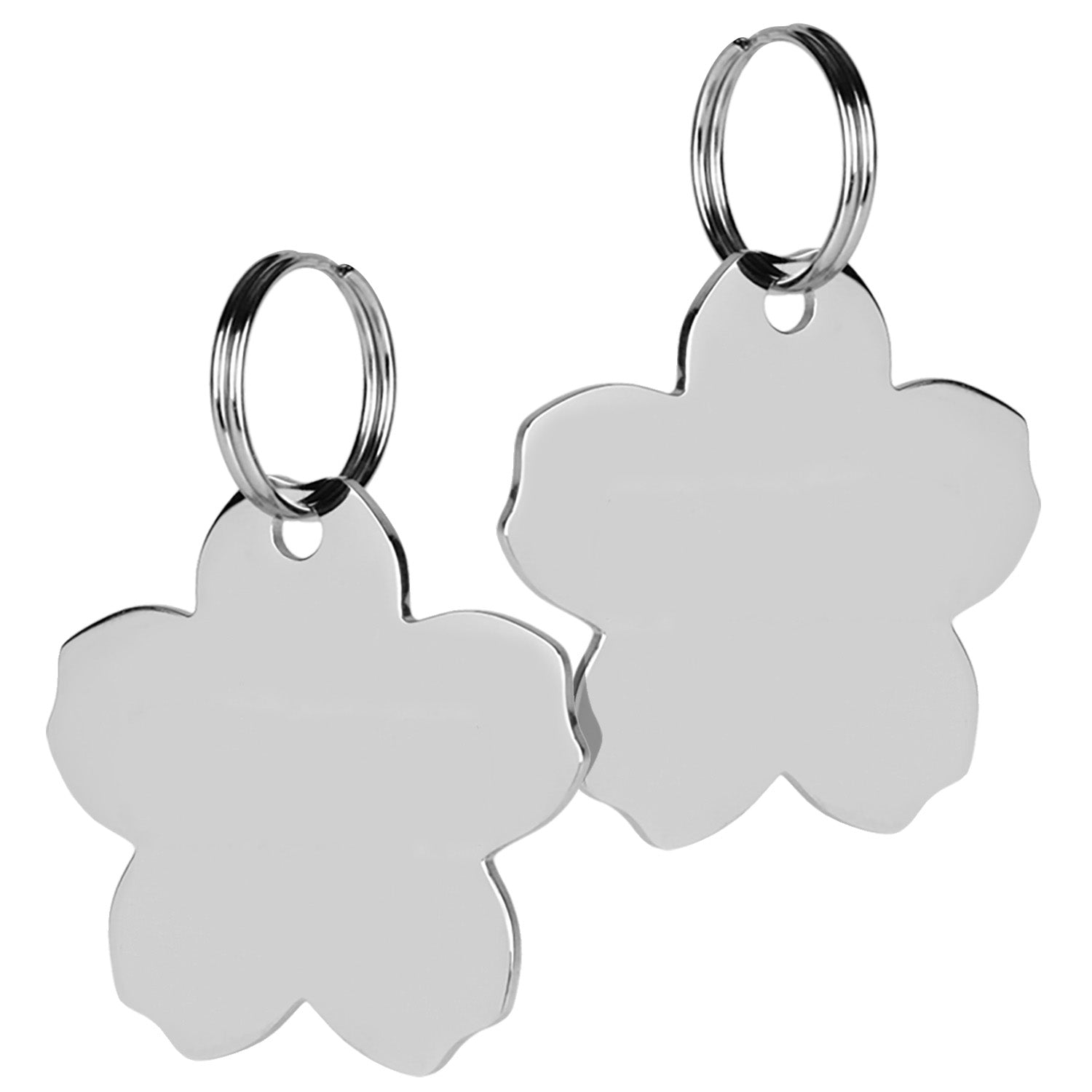 Close-up front view of Flower Pet ID Tag showing polished stainless steel flower shape with key ring on white background