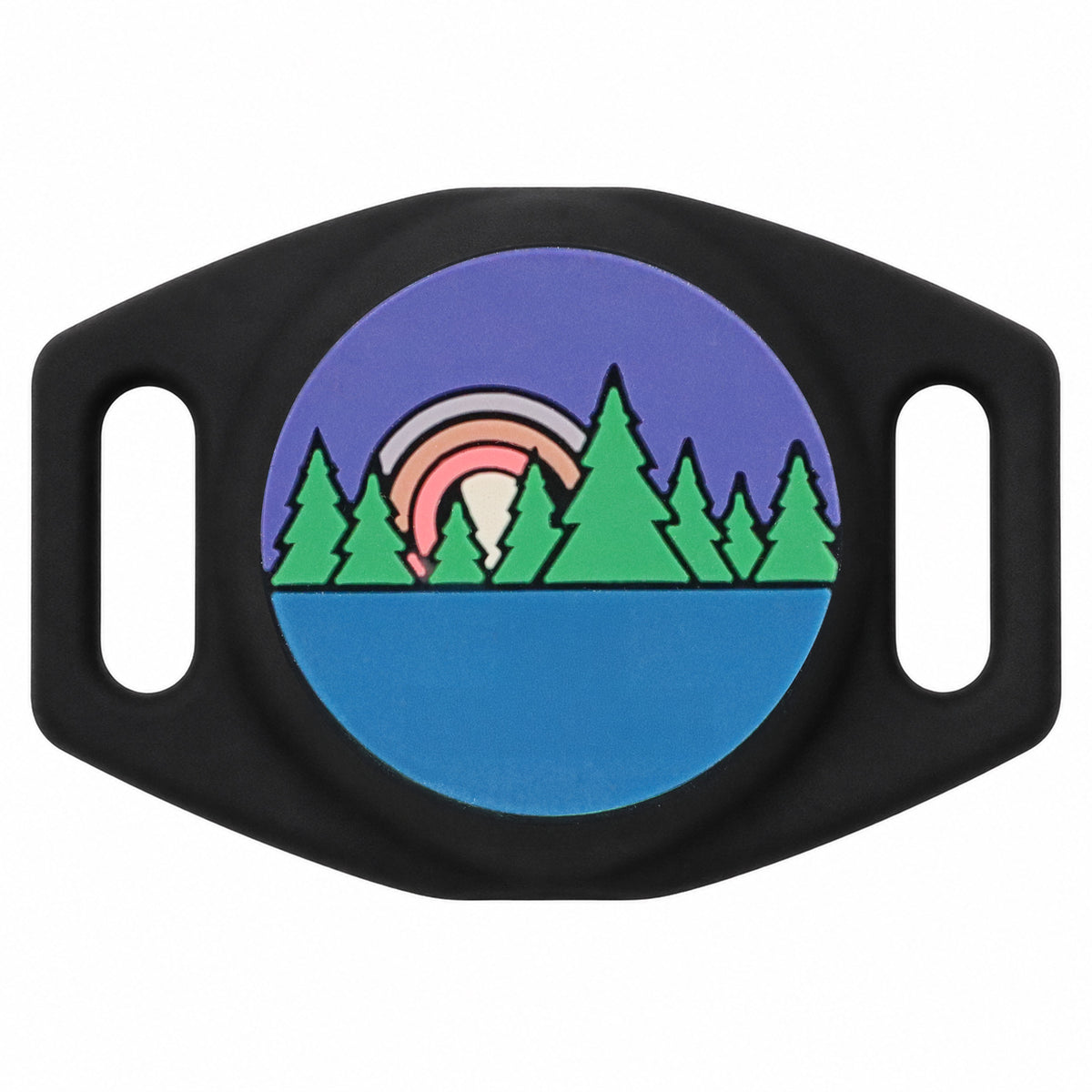 Close-up front of AirTag silicone holder showcasing engraved forest design and dual slide-on collar slots on white background