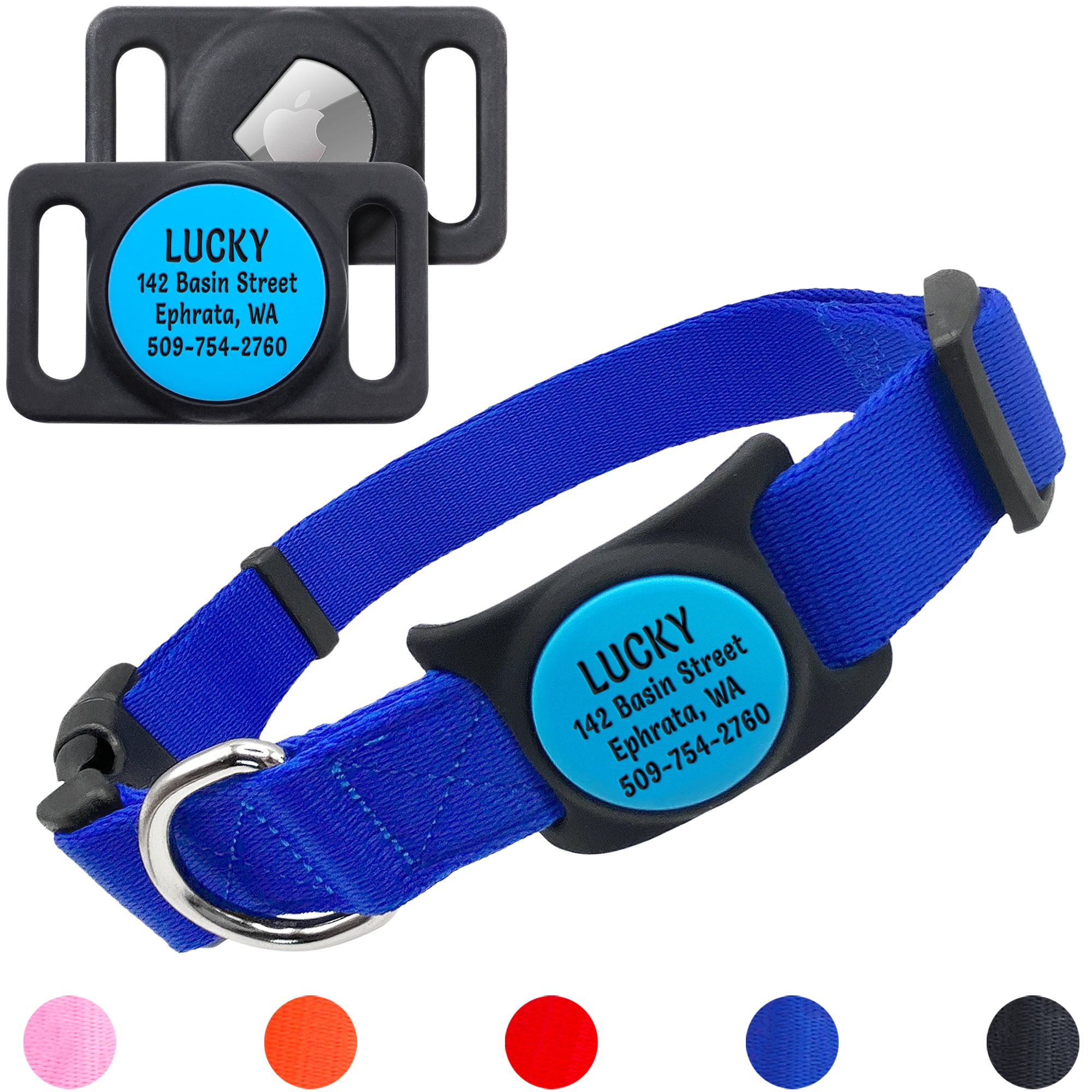 Angled view of blue nylon pet collar with black silicone AirTag holder and personalized blue insert reading ‘LUCKY’ on white background