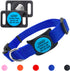 Angled view of blue nylon pet collar with black silicone AirTag holder and personalized blue insert reading ‘LUCKY’ on white background