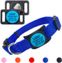 Angled view of blue nylon pet collar with black silicone AirTag holder and personalized blue insert reading ‘LUCKY’ on white background