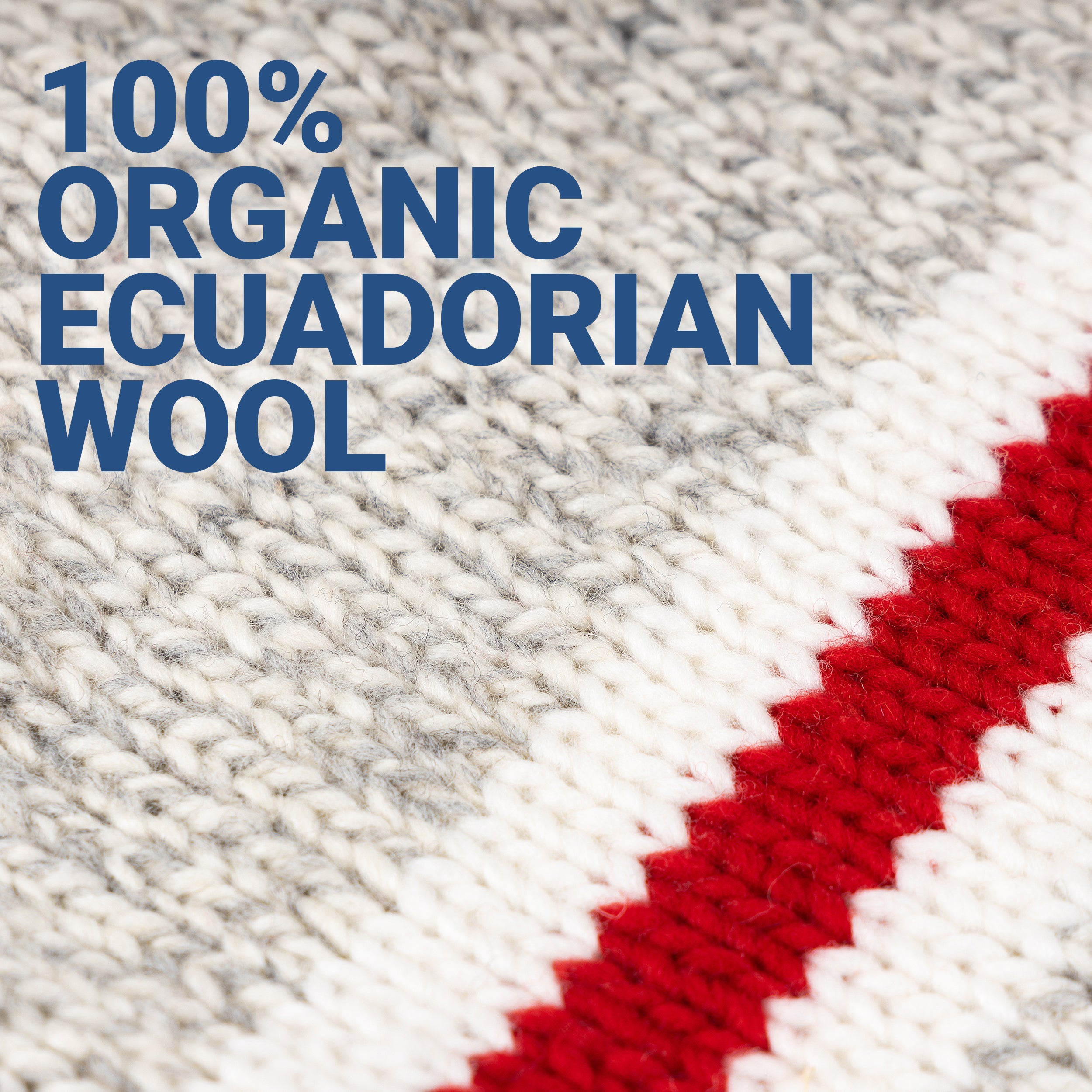Promotional graphic showing headline ‘100% ORGANIC ECUADORIAN WOOL’ over a close-up of pale gray alpaca knit with a red patterned edge