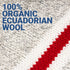 Promotional graphic showing headline ‘100% ORGANIC ECUADORIAN WOOL’ over a close-up of pale gray alpaca knit with a red patterned edge
