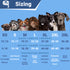 Size chart showing sweater sizes XS–3XL with body length, suggested weight ranges, and example dog breeds