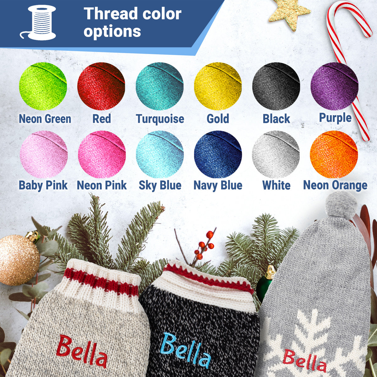 Swatch grid showing 12 labeled thread color options for embroidered dog sweater names, header ‘Thread color options’