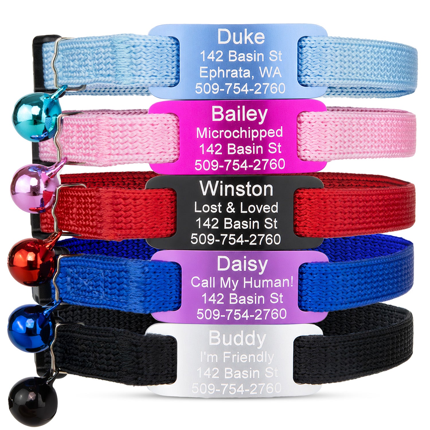 Cat Collar with Slide-On Silent Aluminum ID Tag, Safety Buckle and Bell
