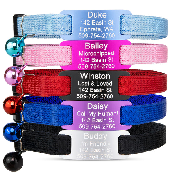 Cat Collar with Slide-On Silent Aluminum ID Tag, Safety Buckle and Bell