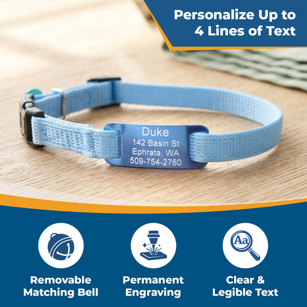 Cat Collar with Slide-On Silent Aluminum ID Tag, Safety Buckle and Bell