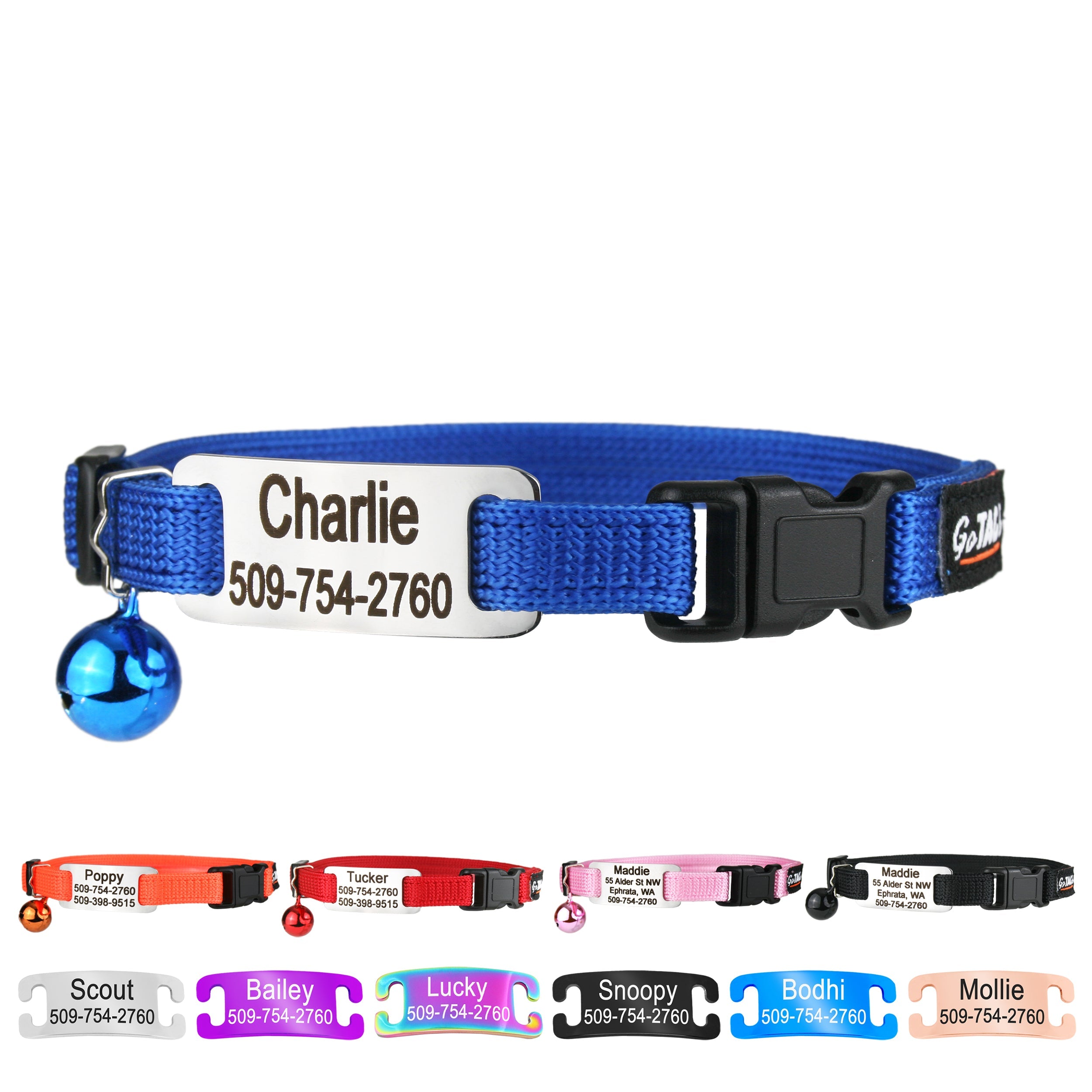 Front view of blue cat collar with slide-on engraved metal nameplate reading Charlie 509-754-2760, breakaway safety buckle and removable blue bell on white background