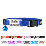 Front view of blue cat collar with slide-on engraved metal nameplate reading Charlie 509-754-2760, breakaway safety buckle and removable blue bell on white background