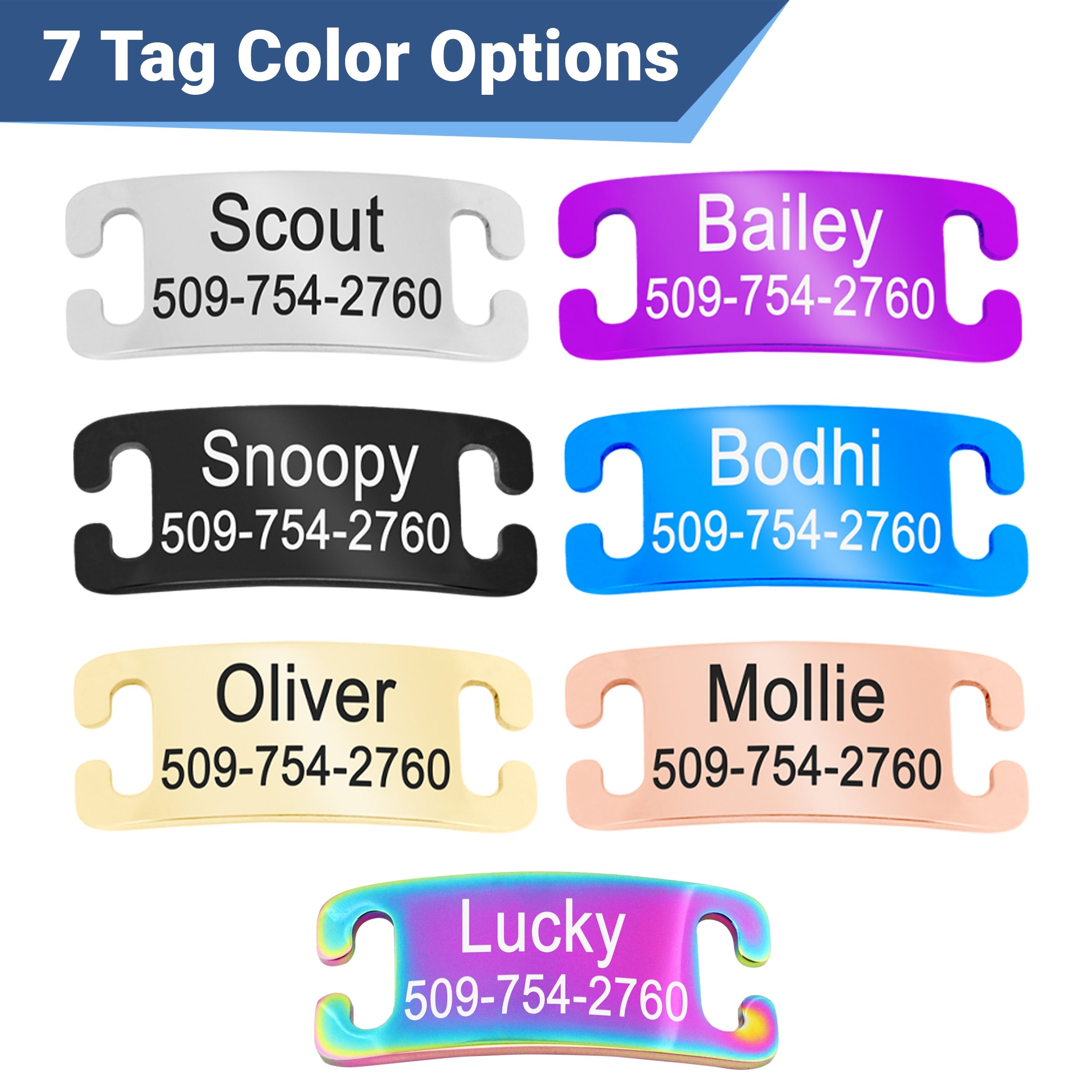 Close-up of engraved slide-on cat ID nameplates showing seven tag color options, names and phone number 509-754-2760 with banner reading ‘7 Tag Color Options’ on white background