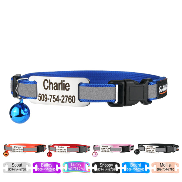 GoTags Personalized Reflective Cat Collar with Tag and Safety Buckle