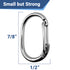 Front view of stainless steel dog tag clip showing quick-snap oval design, dimensions 7/8 x 1/2 in and headline 'Small but Strong' on white background
