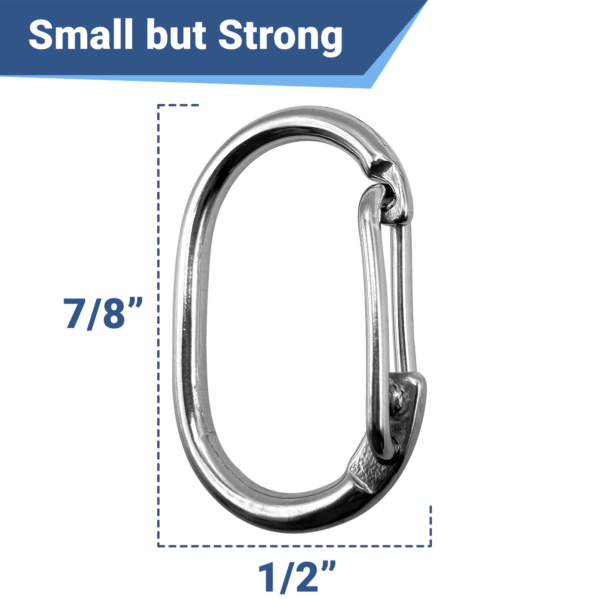 Front view of stainless steel dog tag clip showing quick-snap oval design, dimensions 7/8 x 1/2 in and headline 'Small but Strong' on white background