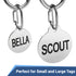 Front of dog tag clips on stainless steel tags labeled BELLA and SCOUT, showing spring-loaded snap and two sizes