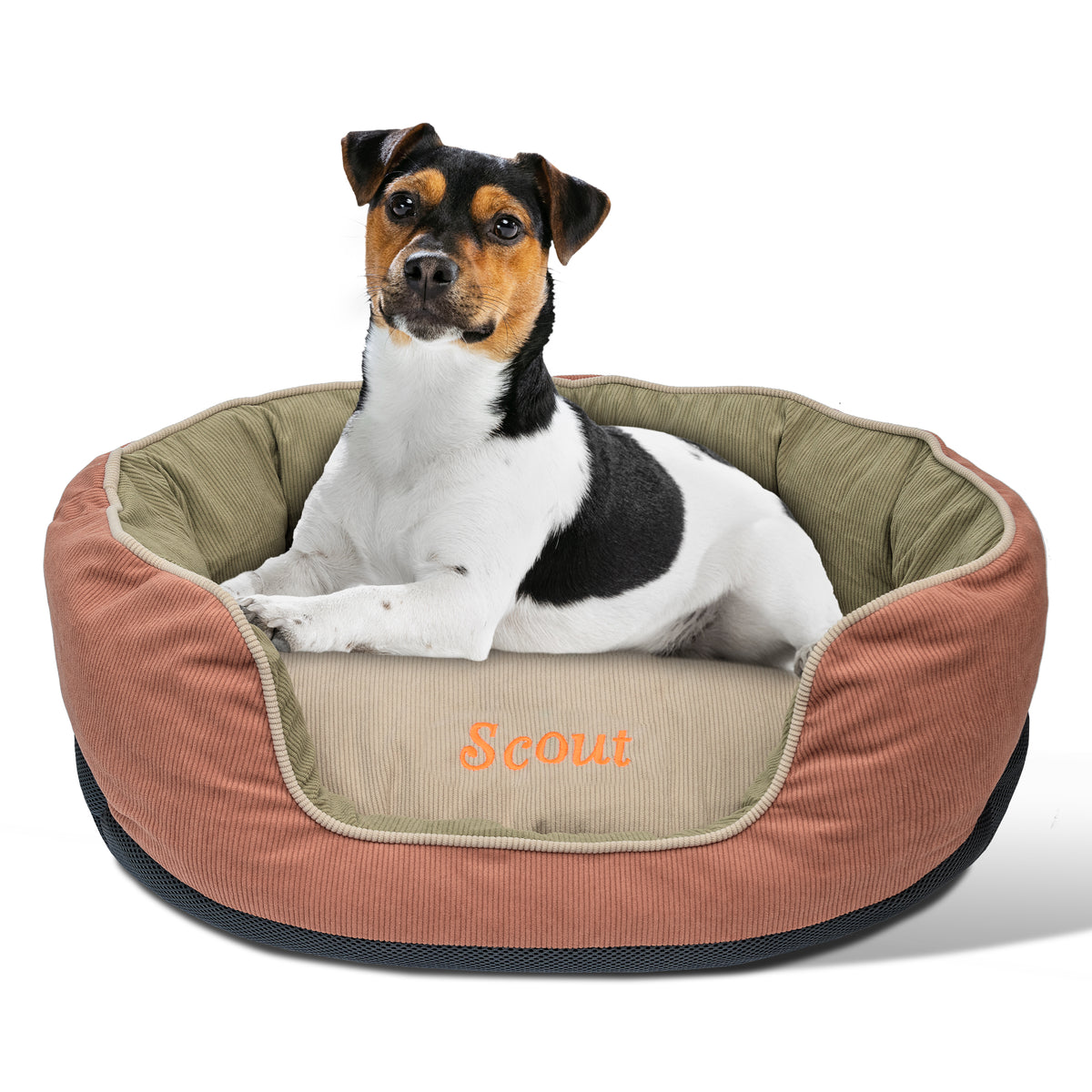 Angled view of orange round dog bed with removable beige cushion, bolstered sides, black base and small dog inside