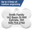Front and back bone-shaped stainless steel dog tag with enamel paw showing sample laser engraving and banner 'Up to 4 lines of custom engraving'