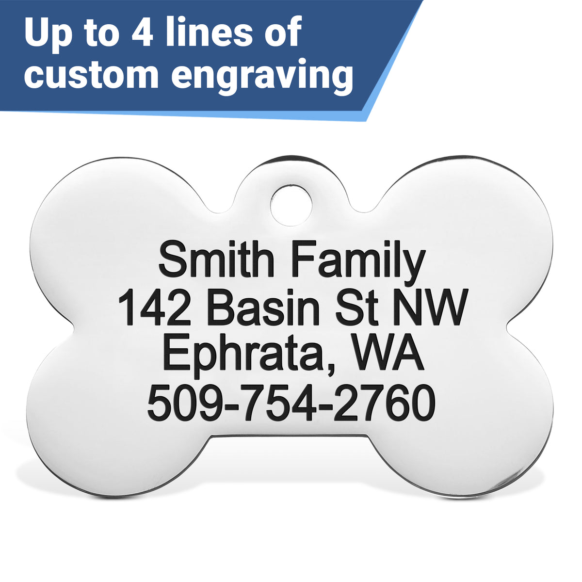 Front and back bone-shaped stainless steel dog tag with enamel paw showing sample laser engraving and banner 'Up to 4 lines of custom engraving'