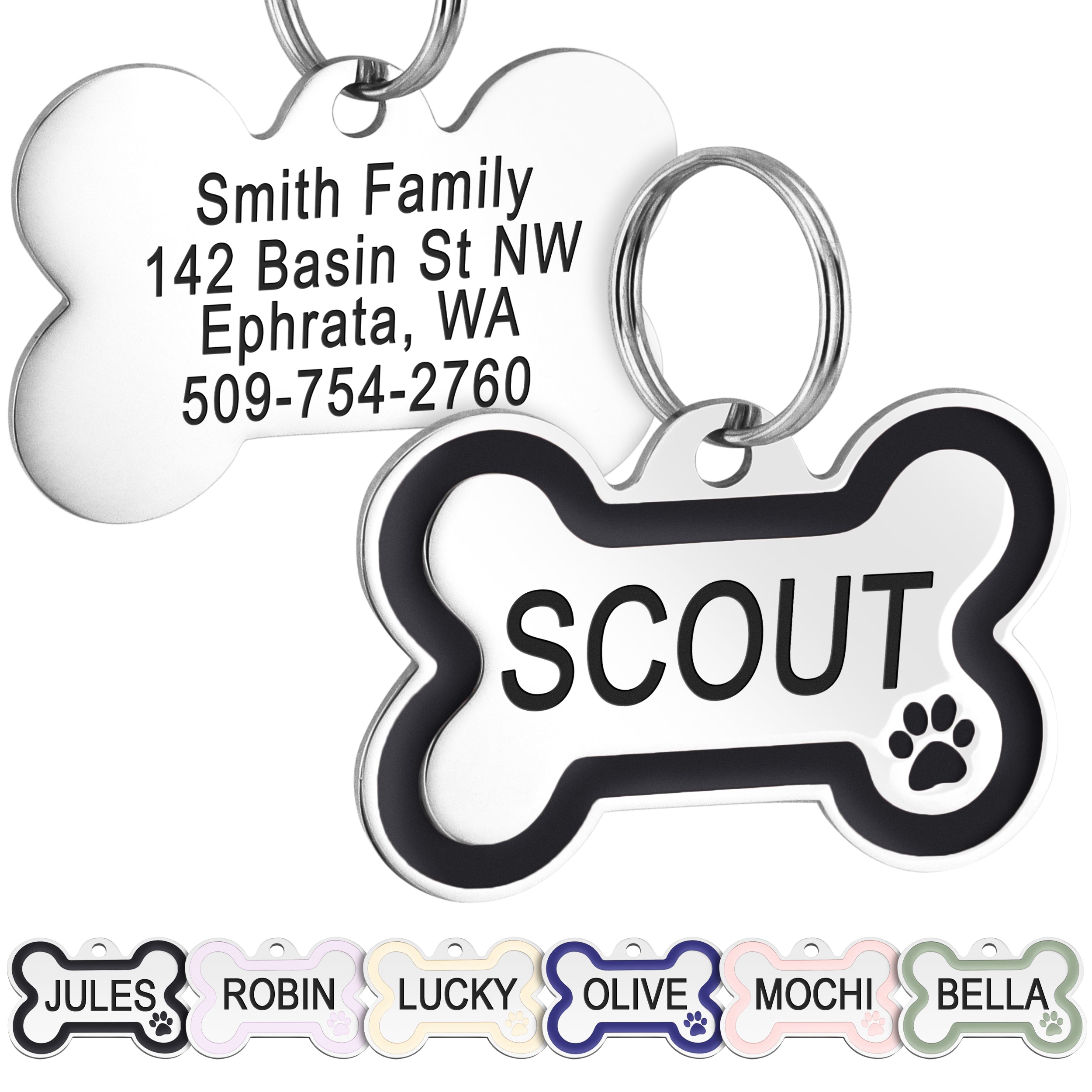 Close-up front view of stainless steel bone dog ID tag showcasing engraved sample text and black enamel paw accent on white background