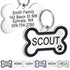 Close-up front view of stainless steel bone dog ID tag showcasing engraved sample text and black enamel paw accent on white background