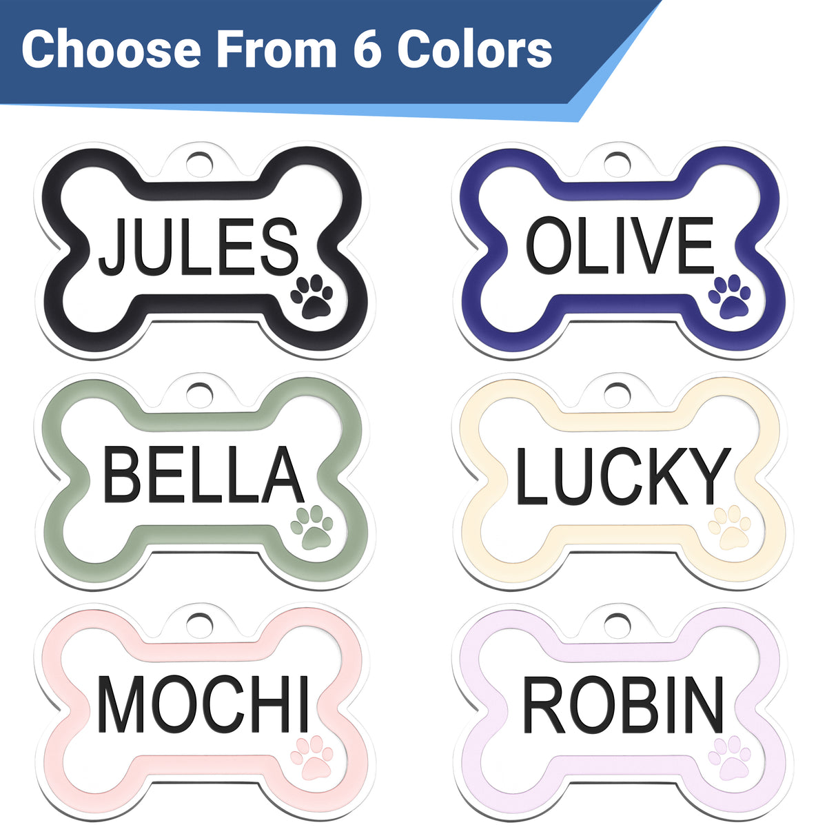 Front view of bone-shaped stainless steel dog tag showing enamel paw and six color options with engraved names