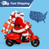 Santa on a red scooter carrying wrapped gifts with a Fast Shipping banner and U.S. map showing nationwide delivery