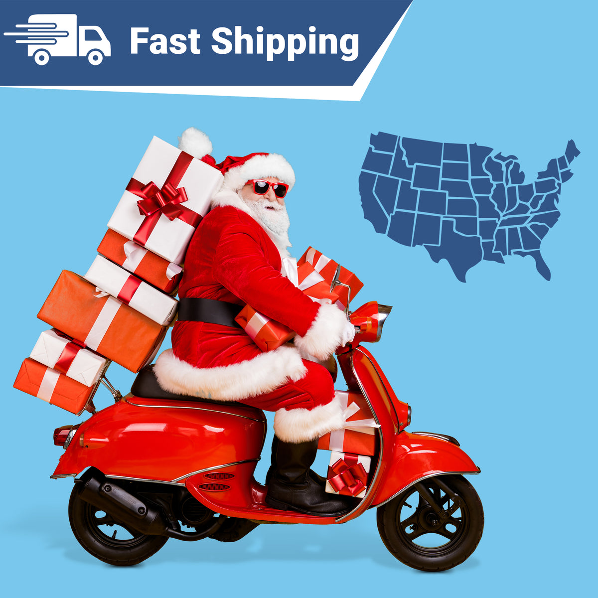 Promotional banner showing Fast Shipping with Santa on a red scooter carrying gifts and a U.S. map
