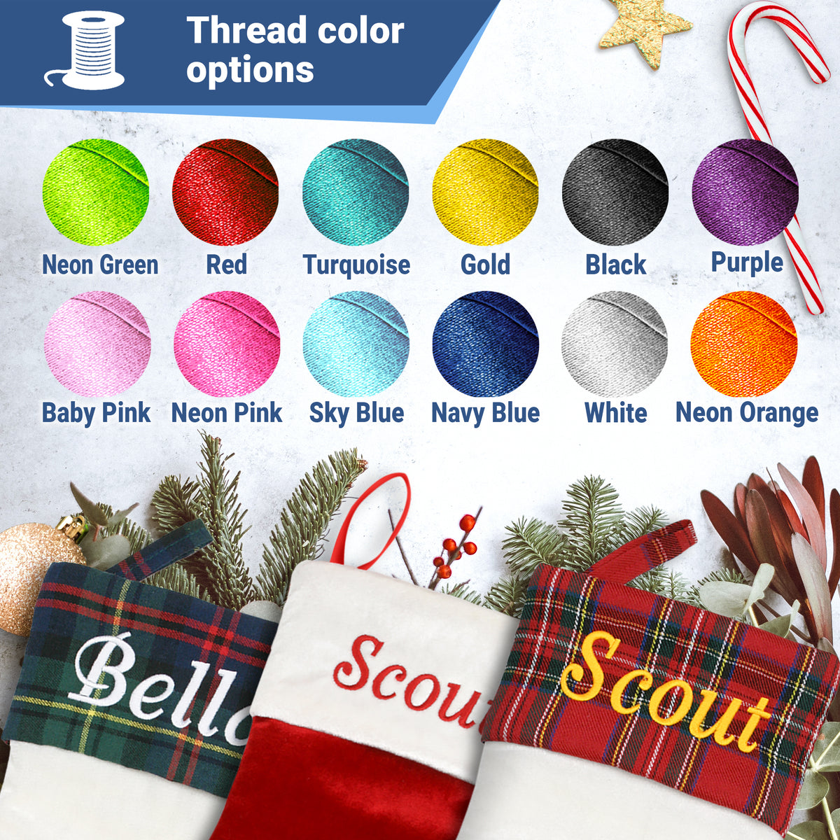 Embroidery thread color swatches for personalized pet stockings