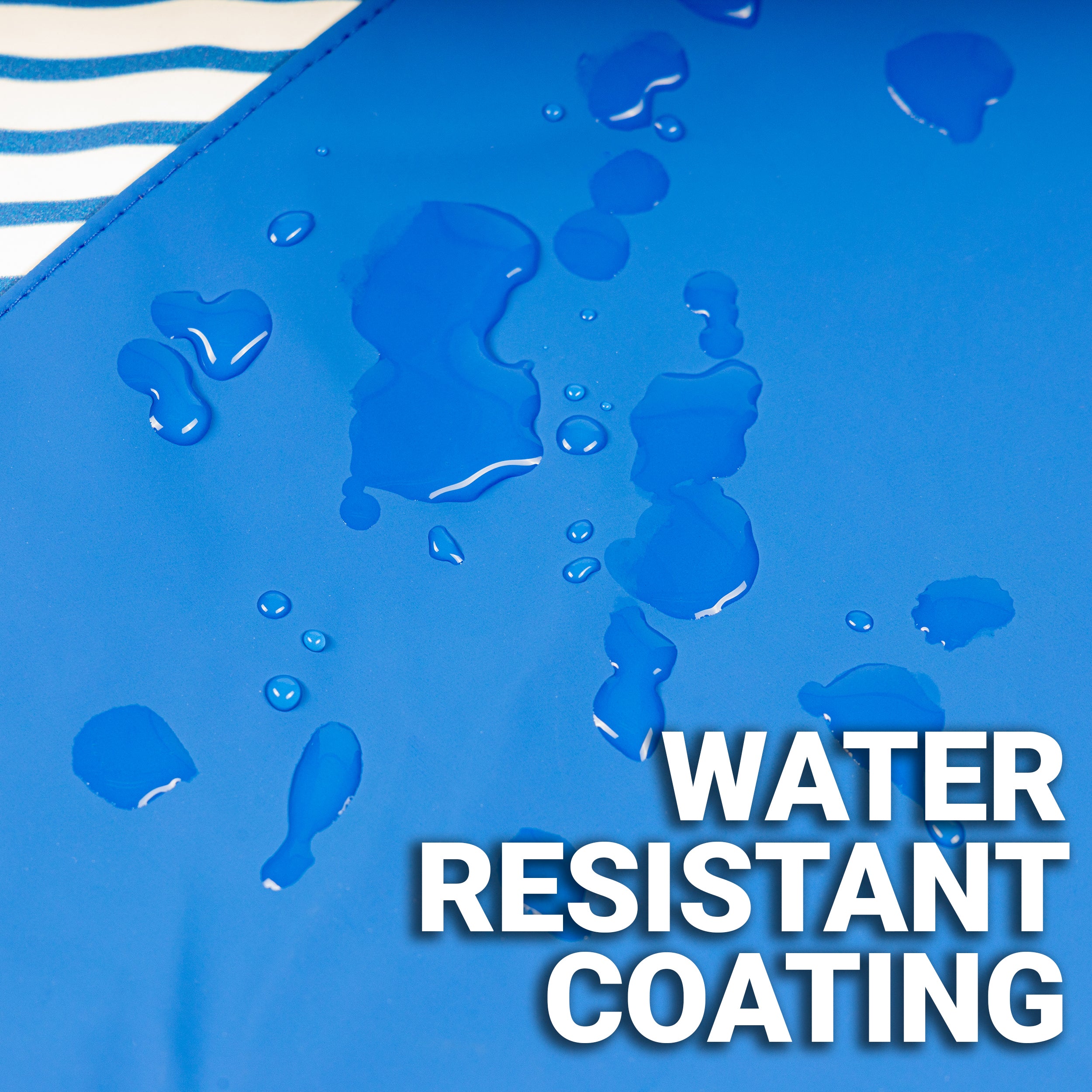 Close-up of personalized dog raincoat showing water beading on the waterproof coating with visible headline text “WATER RESISTANT COATING”