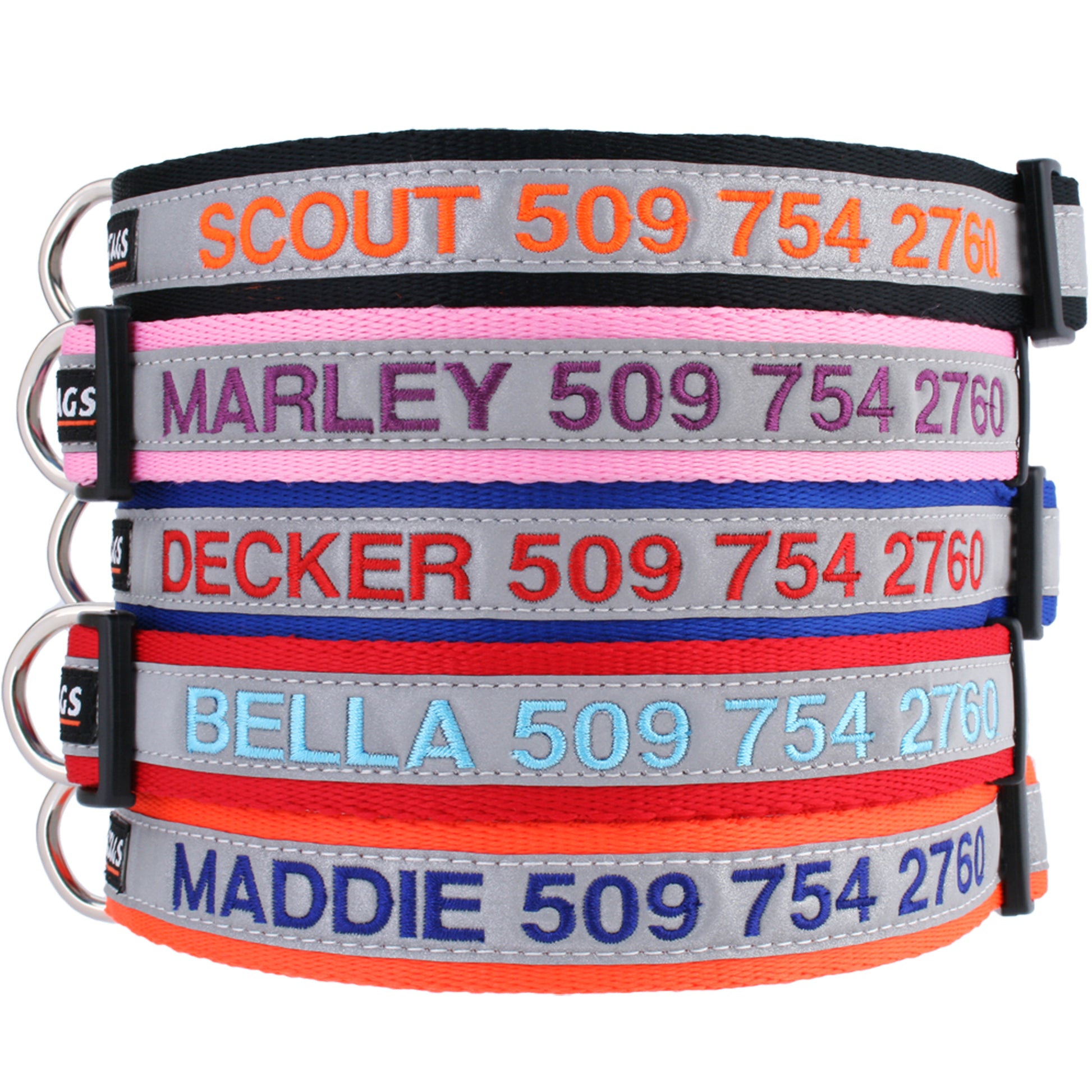 Stacked personalized reflective dog collars with embroidered names and phone numbers and quick-release buckles on white