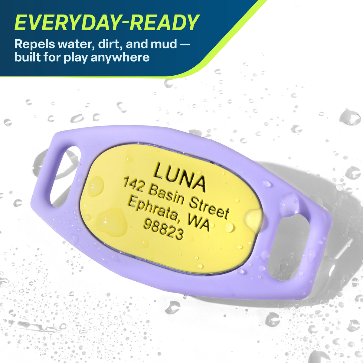 Front view of yellow silicone slide-on dog tag showing engraved text and dual attachment slots on purple background
