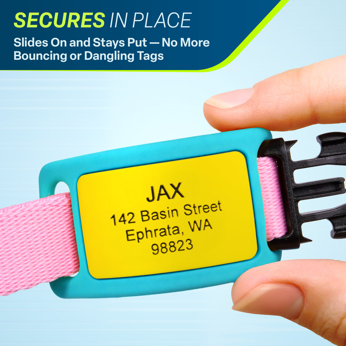 Close-up of blue silicone slide-on dog tag showcasing laser-engraved ID and quiet slide-on fit on a pink collar, banner reads Secures in place