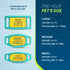 Size guide 'Find your pet's size' showing three silicone slide-on tags: Large (3/4–1 in), Medium (5/8–3/4 in), Small (3/8 in)