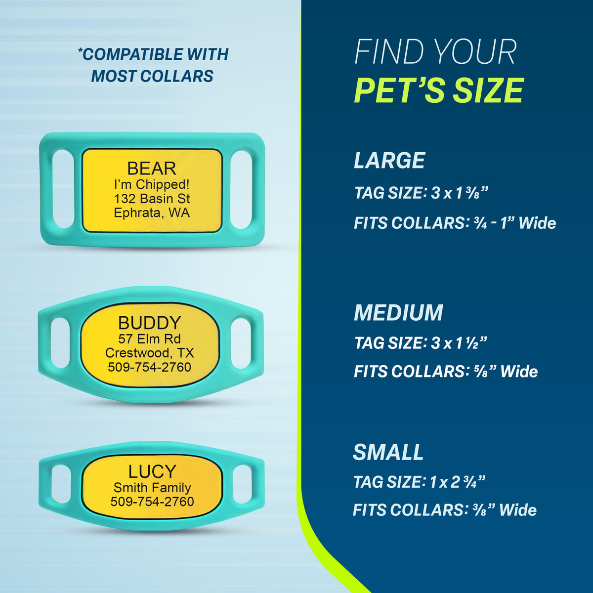 Size guide 'Find your pet's size' showing three silicone slide-on tags: Large (3/4–1 in), Medium (5/8–3/4 in), Small (3/8 in)