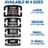 Diagram showing ‘Available in 4 sizes’ and slide-on stainless steel tag sizes L (1 in), M (3/4 in), S (1/2 in), XS (3/8 in)